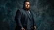 Fat chubby man with a beard in a three-piece suit on dark studio background, expensively dressed oligarch, tycoon, millionaire. copy space for text.