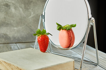 Canvas Print - Reflection of a strawberry and a macaron on a mirror