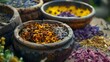 Collection of herbs for spiritual healing in herbal medicine practice. Concept Herbalism, Healing Herbs, Spiritual Wellness, Herbal Medicine, Traditional Remedies
