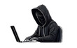 Black and White Art, Hacker in Black Jacket with his laptop