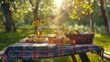 A serene scene of a picnic table, adorned with a vibrant tablecloth and set with an assortment of picnic-friendly dishes, creating an inviting atmosphere for International Picnic Day.
