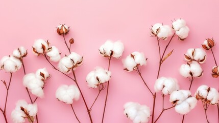 Wall Mural - A beautiful sprig of cotton on a pink background, a place for text. Delicate white cotton flowers.