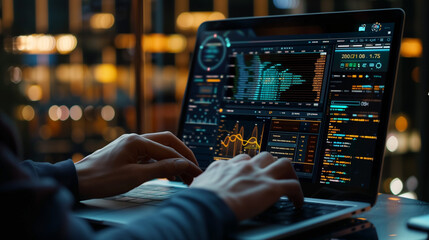 close-up of hands coding on laptop with futuristic ui, deep focus