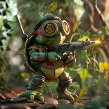 Comical 3D Cartoon Of A Turtle Wielding A Laser Gun Geared Up In A Tiny Battle Suit