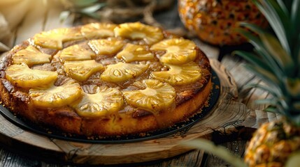 Wall Mural - A serene scene of a pineapple upside-down cake on a rustic wooden table, with caramelized pineapple slices and a golden-brown crust, tempting the taste buds on International Pineapple Day.
