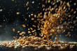 A dynamic composition featuring cascading sesame seeds captured in mid-air against a dark, dramatic backdrop.