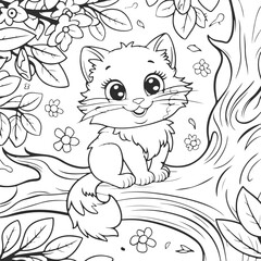 Cute cat coloring page for kids, black and white illustration for coloring book - Generative AI