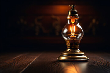 An antique glass lamp on a wooden table illuminates a strategic