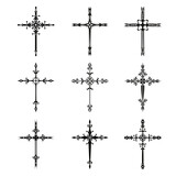 Fototapeta  - Christian cross vector icon symbols.  Abstract christian religious belief or faith art illustration for orthodox or catholic design. The symbol of the cross in various designs used in tattoo.