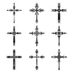 Wall Mural - Christian cross vector icon symbols.  Abstract christian religious belief or faith art illustration for orthodox or catholic design. The symbol of the cross in various designs used in tattoo.