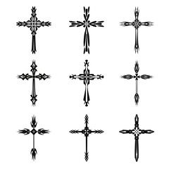 Wall Mural - Christian cross vector icon symbols.  Abstract christian religious belief or faith art illustration for orthodox or catholic design. The symbol of the cross in various designs used in tattoo.