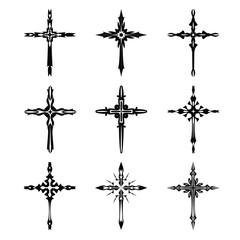 Wall Mural - Christian cross vector icon symbols.  Abstract christian religious belief or faith art illustration for orthodox or catholic design. The symbol of the cross in various designs used in tattoo.