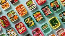 Many Lunchboxes With Different Delicious Food On Color