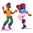 Happy man and woman listen music. Young people character dance and have fun with friend. African teenager enjoy sound in earphones. Modern graphic set with black teenage human smile in headphones