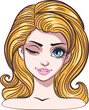 © AnnaPa - Young cartoon woman with big eyes, long eyelashes and blond hair winking. Expressive blond girl, female avatar.