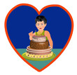 Vector illustration of a heart shaped icon into which a boy blowing out the candles on his birthday cake.