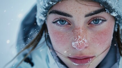 Wall Mural - The close up picture of the person looking at the camera with the white snow background in the middle of the snowy ice field, the skill require for ice field are fitness, ice safety knowledge. AIG43.