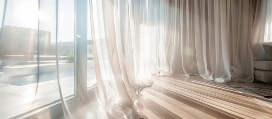 Sticker - Interior design featuring a white curtain hanging on a glass window.