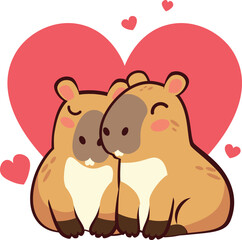 Wall Mural - Couple of capybaras in love. Cute cartoon couple of capybaras with hearts, Valentine's day themed illustration.