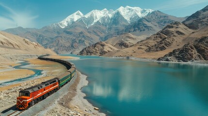 Poster -   A train tracks near a body of water with snow-capped mountain peaks in the distance