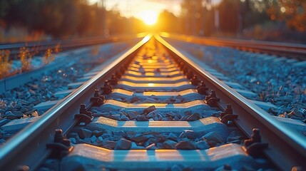 Canvas Print -   Close-up train track with setting sun and surrounding trees