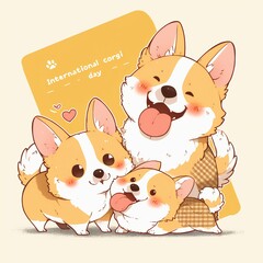 Funny family of corgi dog with a cute puppy. In cartoon style. Isolated on white background. flat illustration. International corgi day