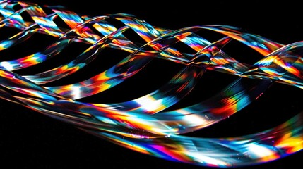   A sharp image of a colorful object on a dark background with a fuzzy depiction of a curved shape
