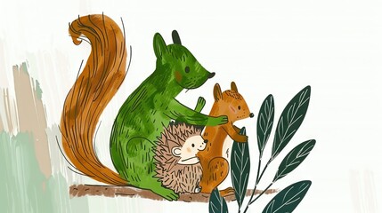 Poster -   Squirrel on a Tree Branch with Baby