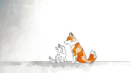 Sticker -   A picture of a dog and a cat sitting next to each other in front of a white backdrop