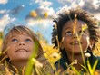 professionial photograph of two young diverse children lying in a field staring up at clouds, smiling, hads behind their heads : Generative AI