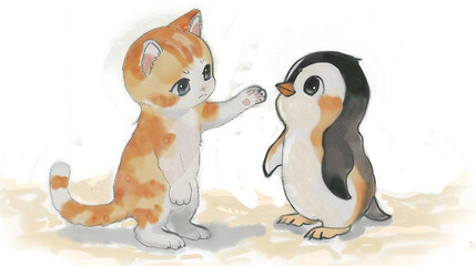 Sticker -   An orange and white cat and a black and white penguin confront each other against a white and beige backdrop