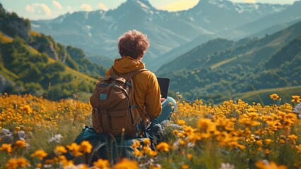 Wall Mural - A young man using laptop in nature with beautiful mountain view, concept of digital nomad working on the go concept.