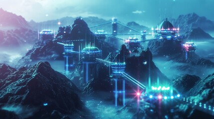 Wall Mural - A series of digital fortresses on a virtual landscape, each connected by encrypted data bridges, standing guard over the privacy and integrity of information. 32k, full ultra hd, high resolution