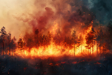 Poster - Raging Wildfire Consuming Lush Forest in Cinematic 3D Rendering