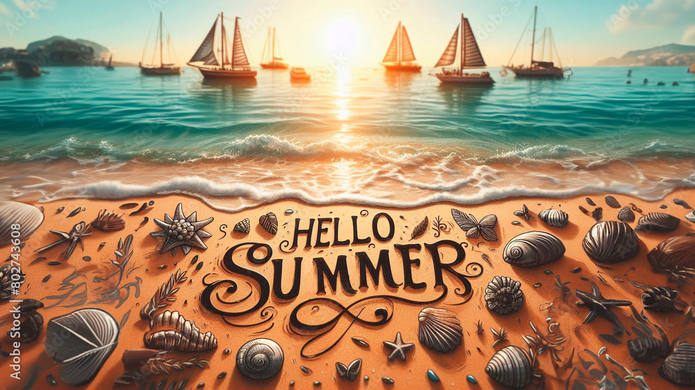 On the sea beach on the sand, handwritten text "Hello Summer ...