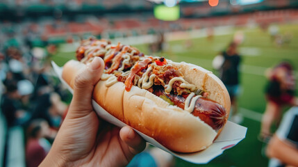 Wall Mural - A person's hand clutching a hot dog loaded with toppings at a sports game, emphasizing indulgence