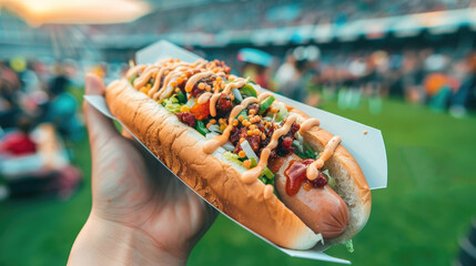 Wall Mural - A person's hand clutching a hot dog loaded with toppings at a sports game, emphasizing indulgence