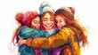 © Rattanathip - Three best friends hugging each other, cartoon, colorful