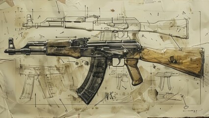 A gun is shown in a drawing with a background of a gun