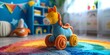 Colourful vibrant children’s rocking horse in a nursery setting