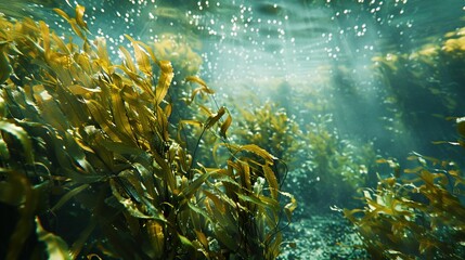 Wall Mural -   An underwater image of seaweed bathed in sunlight filtering from above and below the water's surface