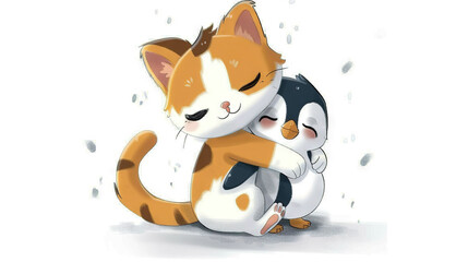 Sticker -   Two cats embracing on a white background with an orange and black one behind