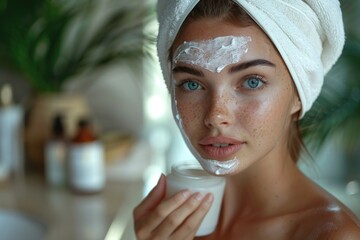 Wall Mural - a woman with a towel on her face is covered in cream. Beauty routine: Woman applying cosmetic oil to her face