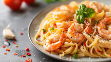 Plate Of Tasty Pasta With Shrimps Closeup