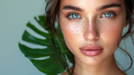 Wall Mural - blue-eyed woman with freckles in the jungle peeks out from behind a tropical palm tree. Beautiful woman with green leave near face and body. Closeup girl's face with green leave