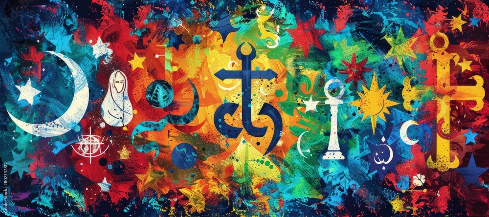 Colorful abstract painting of various religious symbols. Stock ...