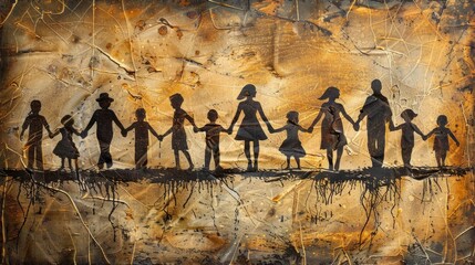 An illustration of a group of people holding hands in a line, with a sepia tone and roots at the bottom.