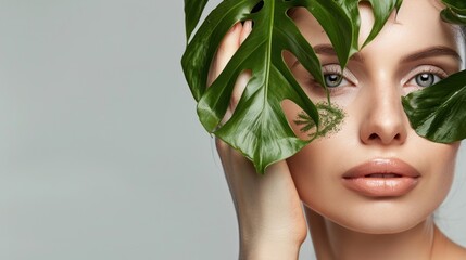 Wall Mural - blue-eyed woman with freckles in the jungle peeks out from behind a tropical palm tree. Beautiful woman with green leave near face and body. Closeup girl's face with green leave