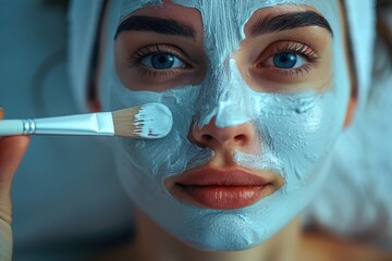 Wall Mural - Close-up view of a beautiful young woman girl with open eyes enjoying facial mask being applied at beauty spa center.