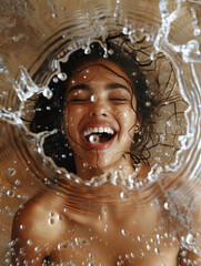 A woman embraces the beauty concept in a white bathroom, her reflection in the mirror capturing the radiance of her face as she splashes water, a happy smile.